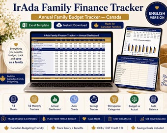 Family Finance Tracker | Annual Budget Planner | Income Expenses Savings | Excel Spreadsheet | 17 Sheets | Instant Download