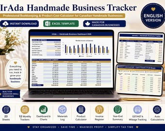 Handmade Business Tracker Canada | Excel | Etsy Seller Spreadsheet | Know Your Real Profit | Product Costing | GST HST | Dashboard | Instant