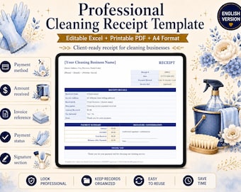 Cleaning Business Receipt Template Canada | Excel | Editable | Payment Confirmation | A4 Printable PDF | Instant Download