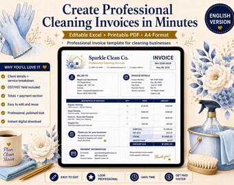 Cleaning Business Invoice Template Canada | Excel | Editable | GST HST Auto Calculate | A4 Printable | CRA Ready | Instant Download