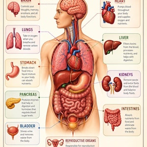 Puede incluir: Un póster educativo titulado HUMAN BODY ORGANS & THEIR FUNCTIONS que presenta una ilustración anatómica central del torso y la cabeza humanos. Incluye diagramas etiquetados del cerebro, corazón, pulmones, hígado, estómago, riñones, páncreas, intestinos, vejiga y órganos reproductores con texto descriptivo para cada uno, además de cinco consejos de salud en la parte inferior.