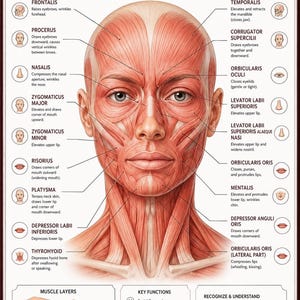 Op de afbeelding: Een anatomische kaart getiteld FACIAL MUSCLES ANATOMY & FUNCTIONS met een centrale illustratie van een menselijk hoofd en nek met blootliggend rood spierweefsel. Labels identificeren specifieke spieren en hun functies.