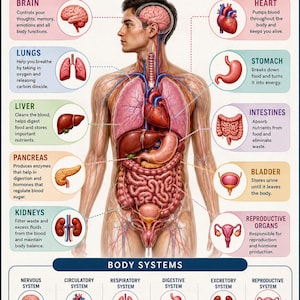 Póster imprimible en PDF de los órganos del cuerpo humano / Tabla de anatomía masculina / Órganos y funciones humanas / Decoración para el aula de biología / Guía de estudio de anatomía