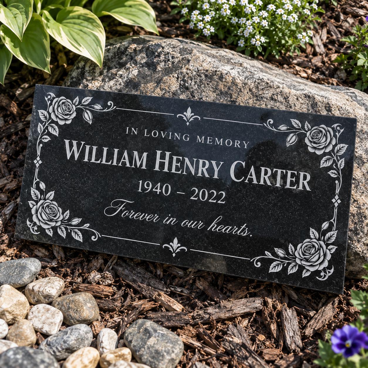 Personalized Black Granite Memorial Plaque, Custom Engraved Rose Design, Cemetery Headstone