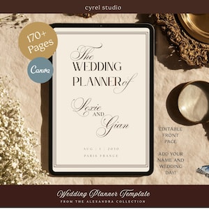 May include: A digital wedding planner template displayed on a tablet screen with the text The Wedding Planner of Lexie and Gian, Aug 1 2030, Paris France. The interface includes a 170+ Pages badge and Canva logo, with a magnifying glass nearby.