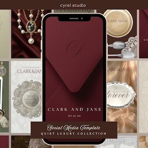 May include: A smartphone displaying a digital social media template from the Cyrel Studio Quiet Luxury Collection, featuring a deep burgundy envelope graphic with the monogram CJ and the text CLARK AND JANE 05.21.30 on a dark background.