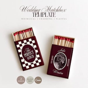 May include: Two rectangular matchboxes with red-tipped matches. The left box features a dark red and white checkerboard pattern with an oval containing the text The PERFECT MATCH. The right box displays a dark red background with a photo of a couple.