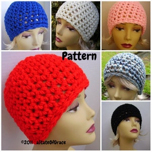 May include: A collage of six crocheted hats in different colors, including blue, white, pink, red, blue and black. The hats are all made with the same stitch pattern and have a brim. The text "Pattern" is in the center of the collage.