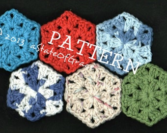 May include: Six crocheted hexagons in different colors, including blue, red, white, green, and beige. The hexagons are arranged in a circle with the text "PATTERN" written in white across the center.