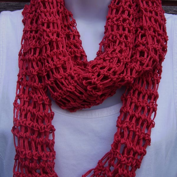 Infinity Scarf, Red, Crimson, Cotton and Acrylic Blend, All-Season Scarf, 84 inches Long