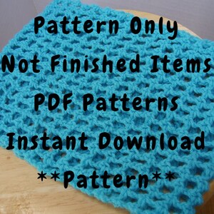 Peut inclure: Un gros plan sur une couverture en crochet turquoise avec le texte "Pattern Only Not Finished Items PDF Patterns Instant Download **Pattern**" en noir.
