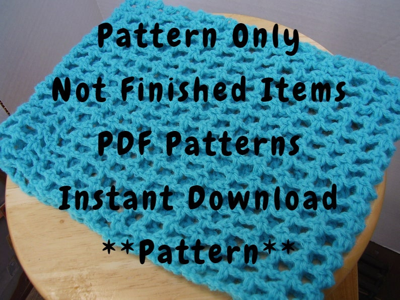 Peut inclure: Un gros plan sur une couverture en crochet turquoise avec le texte "Pattern Only Not Finished Items PDF Patterns Instant Download **Pattern**" en noir.