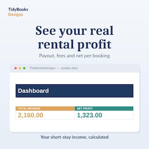 May include: A digital dashboard interface titled TidyBooks Designs displaying sample rental data. The screen shows the text See your real rental profit, Payout, fees and net per booking, and Your short-stay income, calculated. Total Revenue is 2,160.00 and Net Profit is 1,323.00.