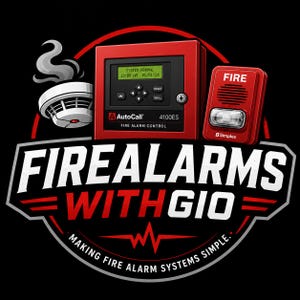 May include: A graphic logo featuring a red AutoCall 4100ES fire alarm control panel, a Simplex fire alarm notification appliance, and a smoke detector with smoke. The text reads FIREALARMS WITH GIO and MAKING FIRE ALARM SYSTEMS SIMPLE.
