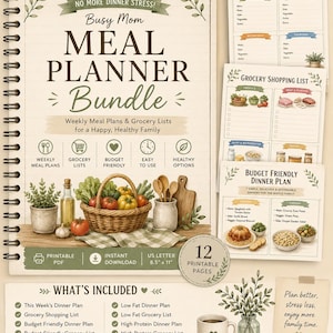 Op de afbeelding: Een spiraalgebonden maaltijdplanner met een crèmekleurige omslag met illustraties van een groentemand, houten lepels en tekst waaronder 'Busy Mom MEAL PLANNER Bundle' en '12 PRINTABLE PAGES' met een label van 21,6 cm bij 27,9 cm.