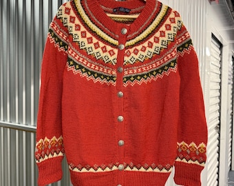 Vintage 90s Norwegian Fair Isle Wool Red Sweater Size Medium