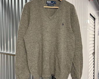 Vintage 90s Polo Ralph Lauren Lambs Wool Gray V-Neck Sweater Size Medium