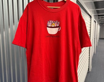 Vintage 2000s Catffeinated Casual Cotton Red T-Shirt Size XX-Large