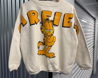 Vintage 90s Garfield Spell Out Paris Sport Club Cotton White Sweatshirt Size Medium