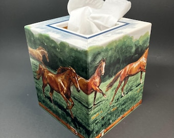 Connie's Creations Wood Tissue Box Cover Equestrian Running Horses Green