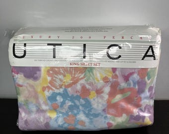 Utica King Sheet Set Lille Bright Pastel Vintage Floral 200TC Percale New RARE