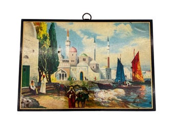 Vintage orientalistisk trälackerad plakett med hamnmoskékonst 6,75x4,75 flerfärgad
