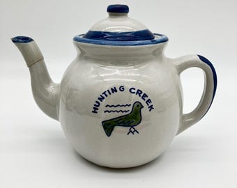 Louisville Stoneware Hunting Creek Bird Teapot Large Gray Cobalt Blue Vintage