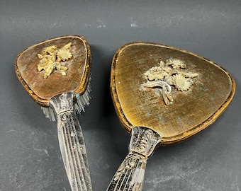 Vintage Vanity Set Hand Mirror Hair Brush Gold Silver Floral Filigree 2pc