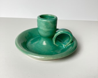 Bybee Pottery Chamberstick Candle Holder 5in Turquoise Green BB Stamped Vintage