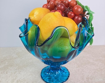 Cuenco con base de cristal Viking Glass VTG, 7,5 x 8,5 cm, color azul verdoso, con volantes.