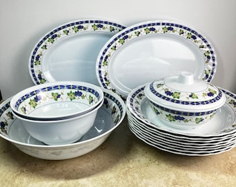 Melamine Ware Dinnerware Set 21pc White Grape Vine Pattern Platters Bowls Spoons