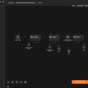 May include: A dark interface displays a workflow diagram with interconnected nodes and lines. The diagram includes elements labeled "Trigger," "Filter," and "Upload to YouTube." An orange button at the bottom reads "Execute Automation".
