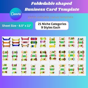 May include: A digital business card template featuring the text Foldedable shaped Business Card Template, 100% editable canva template, Sheet Size - 8.5" x 11", and 21 Niche Categories 9 Styles Each. The image displays a grid of various card designs.