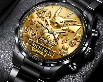 Personalisierte Pokemon Herrenuhr - Benutzerdefinierte Gold Pikachu Zifferblatt mit eingraviertem Namen Uhr, Gamer Geschenk für ihn, Anime Fan Geburtstagsgeschenk