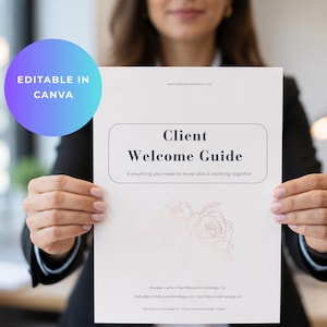 May include: A white document titled Client Welcome Guide with the subtitle Everything you need to know about working together. The page features a rose line drawing, the text Northbound Strategy Co, Harper Lane, and contact information.