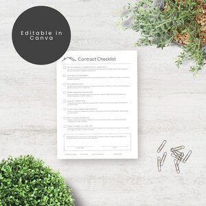 May include: A white paper contract checklist document with black text and checkboxes, featuring a house icon and the title Contract Checklist. The document includes sections for project agreement, materials, site preparation, and final payment sign-off.