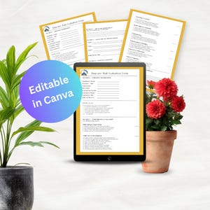 May include: A digital tablet displays a Daycare Staff Evaluation Form with sections for employee information, rating scales, and performance criteria. A purple circular graphic with the text Editable in Canva overlays the screen.