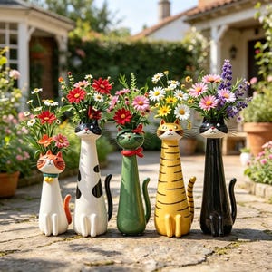 Op de afbeelding: Een set van vijf hoge, slanke, katvormige keramische vazen, elk met een boeket kleurrijke bloemen. De katten hebben verschillende ontwerpen: wit met oranje, wit met zwarte vlekken, effen groen, geel met zwarte strepen en effen zwart.