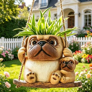 Hanging Pug Planter with Puppy, Resin Dog Swing Pot, Pet Lover Garden Decor