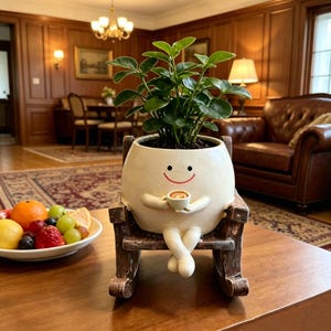 Puede incluir: Una maceta de cerámica color crema con forma de personaje redondo con cara sonriente, que sostiene una pequeña taza de café. La maceta está colocada en una mecedora de madera marrón en miniatura y contiene una planta verde de hojas oscuras.