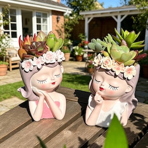 Resin Girl Head Planter, Flower Crown Lady Bust Succulent Pot, Indoor Outdoor Patio Decor