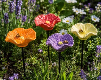 Set of 4 Flower Bee Water Feeders, Resin Garden Stakes, Pollinator Decor