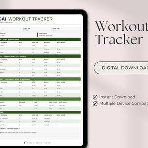 May include: A digital workout tracker displayed on a tablet. The tracker includes sections for warm-up, strength training, accessory work, cardio, and cool-down exercises. The text "Workout Tracker" and "Digital Download" are also visible.