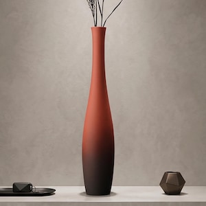 Tall Red Black Ombre Ceramic Vase | Frosted Brushed Pottery Decor
