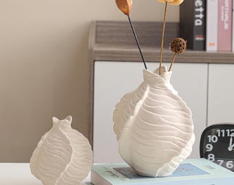 Textured Ceramic Vase | Organic Shell Decor, Twisted Rim Pottery, Boho Centerpiece