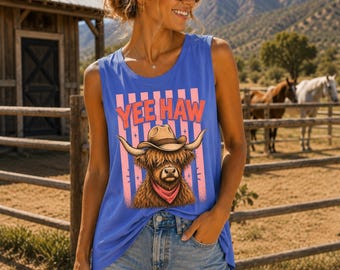 Canotta Yee Haw, Maglietta con mucca dall'atteggiamento sfacciato, Maglietta con mucca delle Highlands sarcastica, Maglietta con mucca delle Highlands divertente, Maglietta con mucca da fattoria, Maglietta con mucca delle Highlands