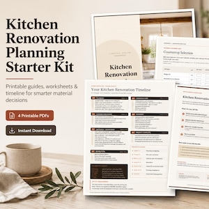 Può includere: Un kit di avvio per la pianificazione della ristrutturazione della cucina con quattro documenti PDF stampabili. Le pagine includono una cronologia, fogli di lavoro per le decisioni sui materiali e guide con testo nero e marrone su carta bianca.