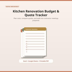 Kitchen Renovation Budget Tracker, Contractor Quote Comparison, Remodel Planner, Excel Google Sheets Template
