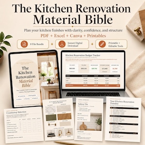 May include: A digital kitchen renovation planning kit featuring a laptop displaying a budget tracker, a tablet showing a material bible cover, and several printed sheets including a mood board, countertop selection tool, and project timeline.