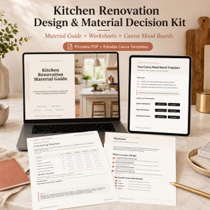 Kitchen Renovation Planner Bundle, Material Guide, Selection Worksheets, Editable Canva Mood Boards, Printable PDF